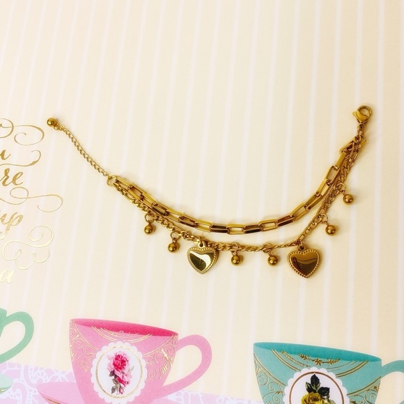 Double Heart Double Chain Gold Tone Charm Bracelet - Picture 4 of 5